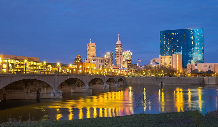 Indianapolis skyline at night over the White River